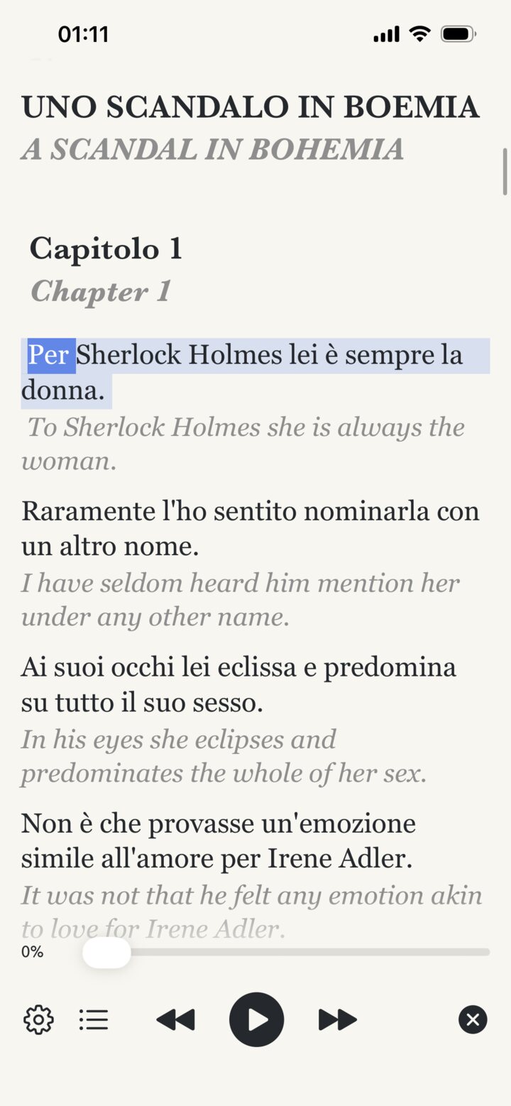 Uno scandalo in Boemia open in Lingo Books, each Italian sentence followed by its English translation